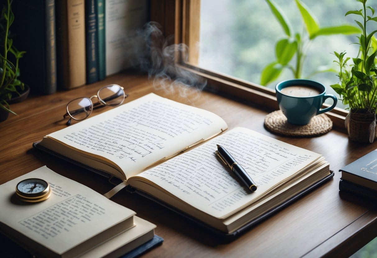 A peaceful workspace with an open journal, pen, cup of coffee, books, and a window showing green plants outside.