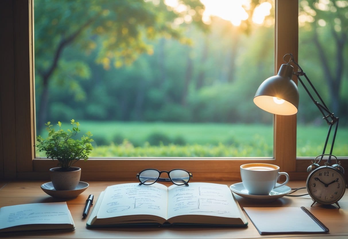 A peaceful workspace with an open journal, cup of tea, reading glasses, and a window showing a sunny green landscape.