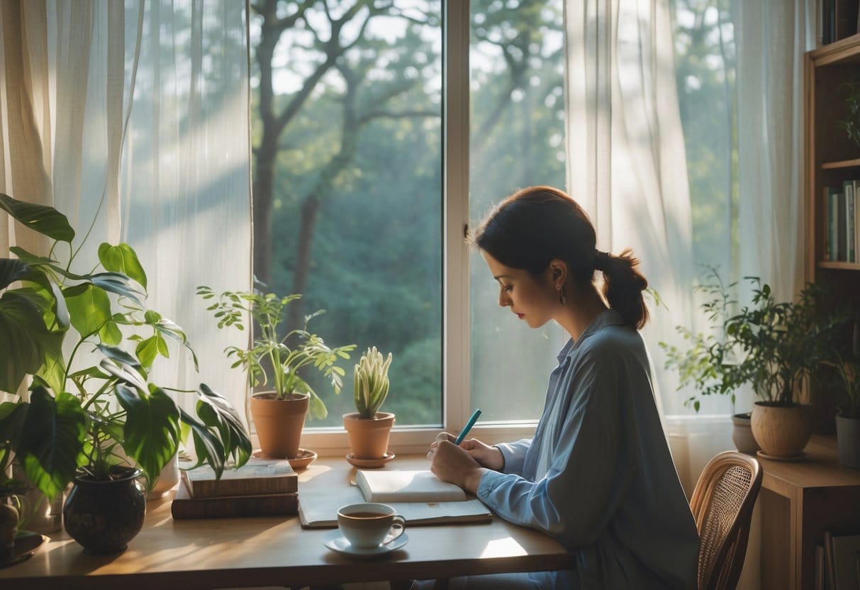 A person sitting by a window, writing in a journal with a cup of tea on the table, surrounded by plants and books.