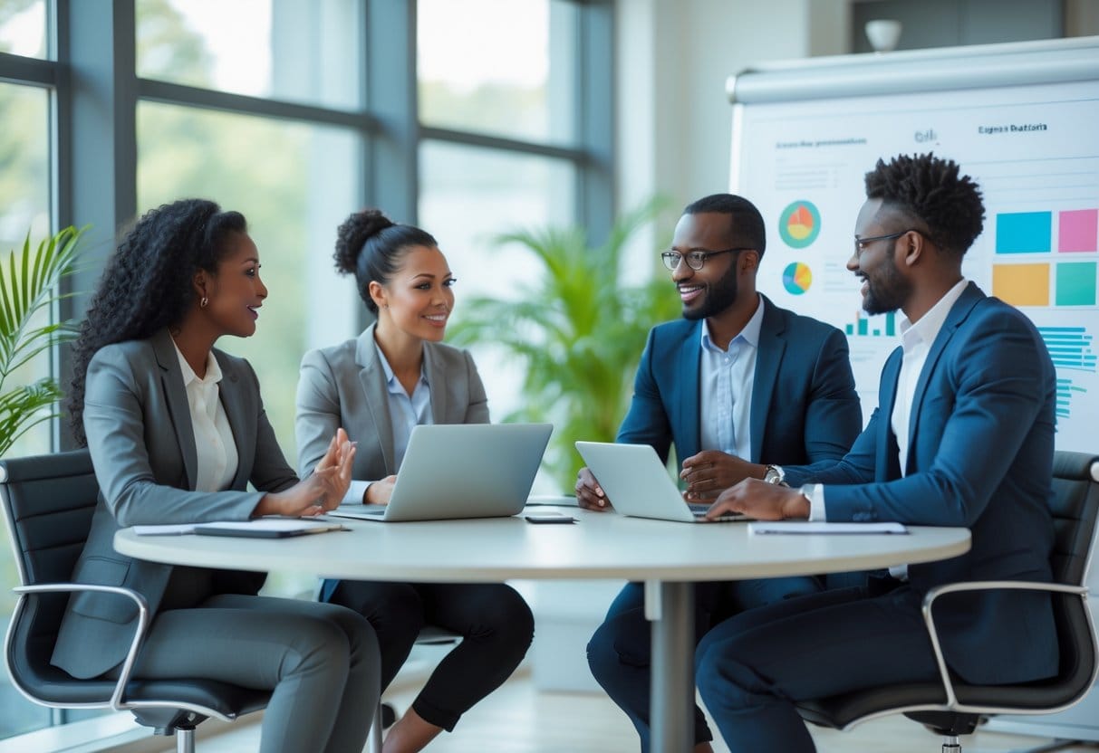 A diverse group of four business professionals having a discussion around a conference table in a bright office.