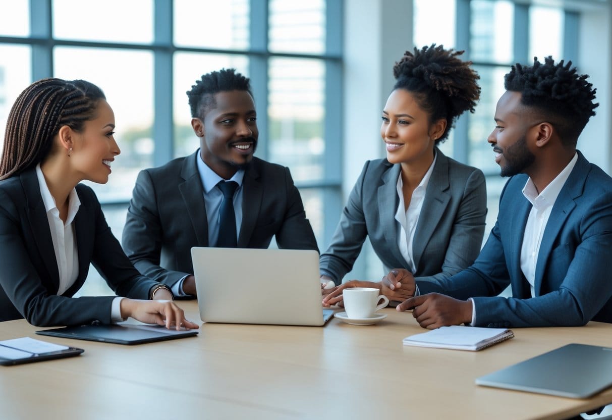 Four business professionals of diverse backgrounds having a discussion around a conference table in a bright office.