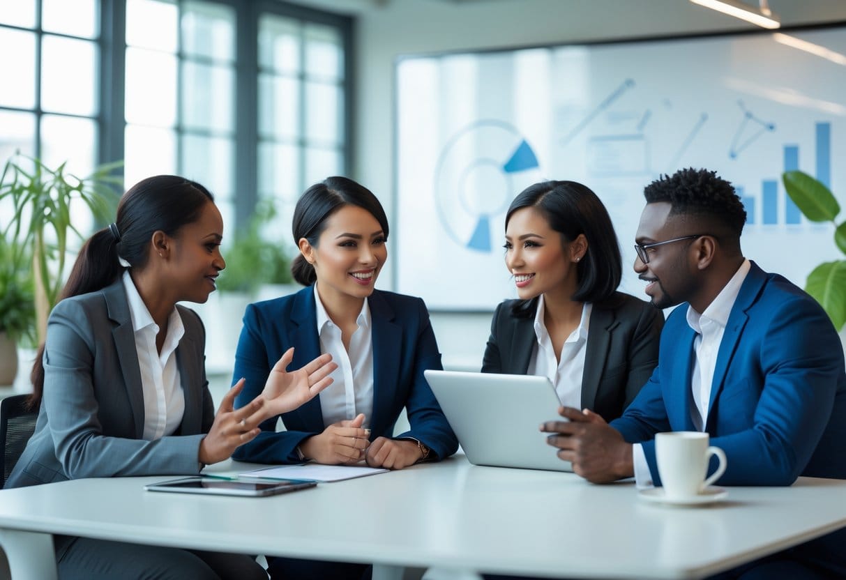 Four diverse business professionals engaged in a discussion around a table in a bright modern office.