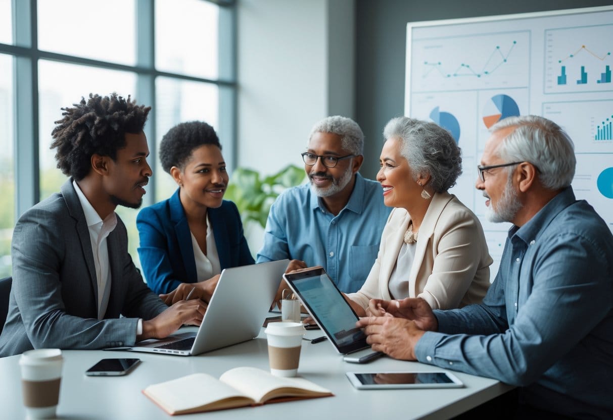 A diverse group of people from different generations sitting around a table in an office, engaged in a discussion with laptops, tablets, and notebooks.
