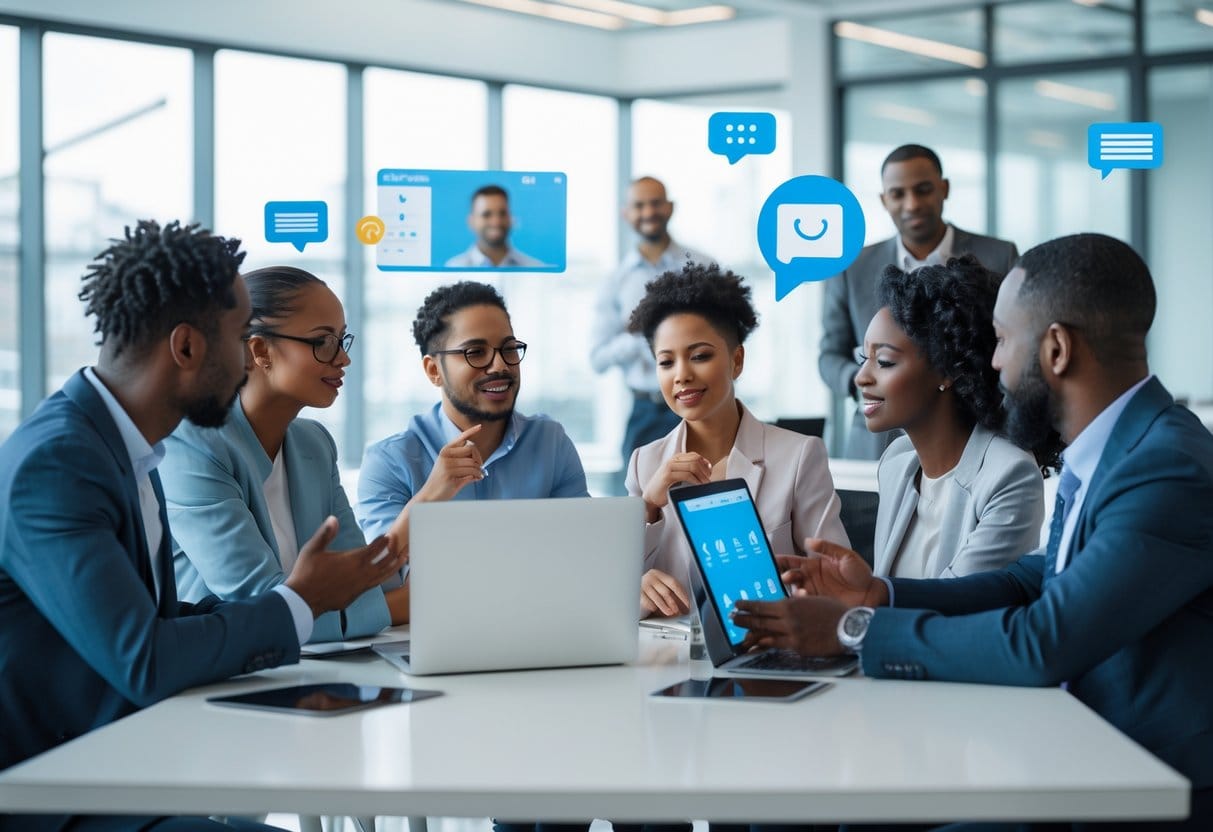 A diverse group of people communicating around a conference table using laptops, tablets, smartphones, and sign language in a bright office.