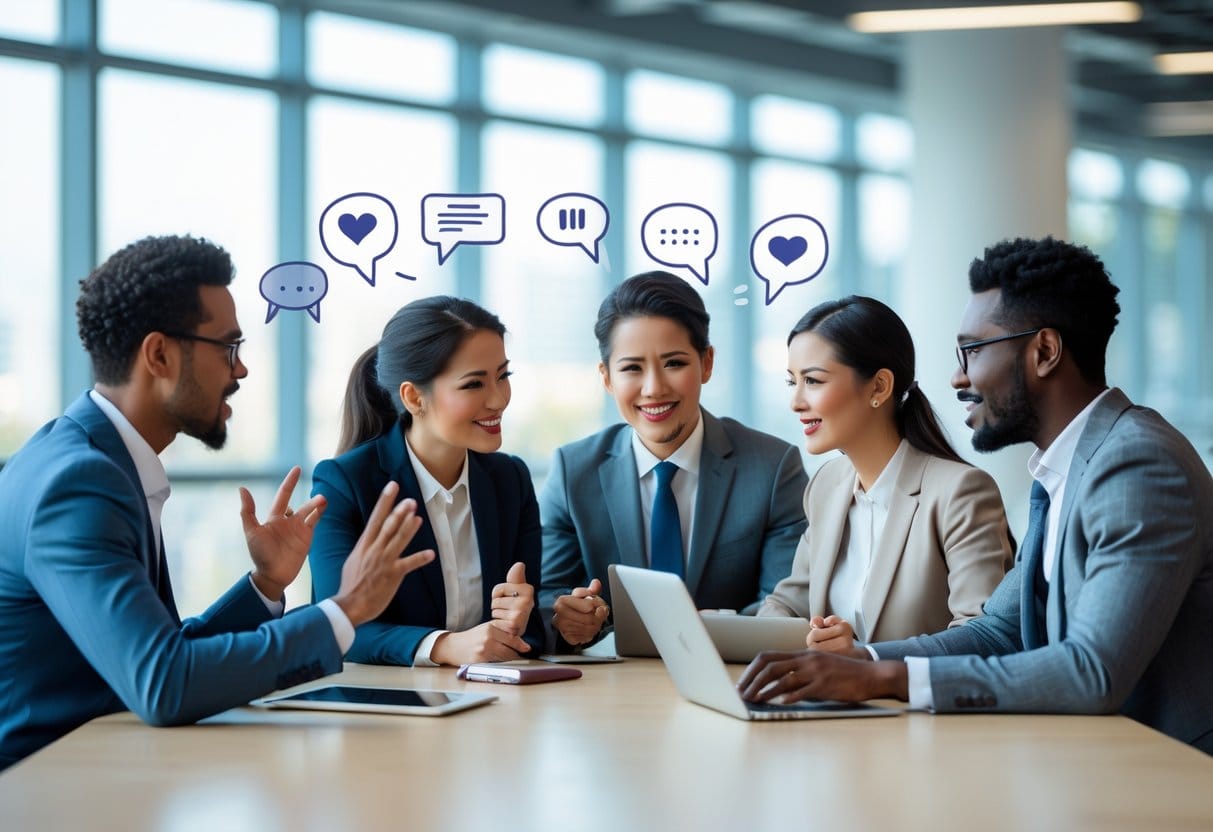 Four diverse business professionals engaged in a discussion around a conference table in a bright office.