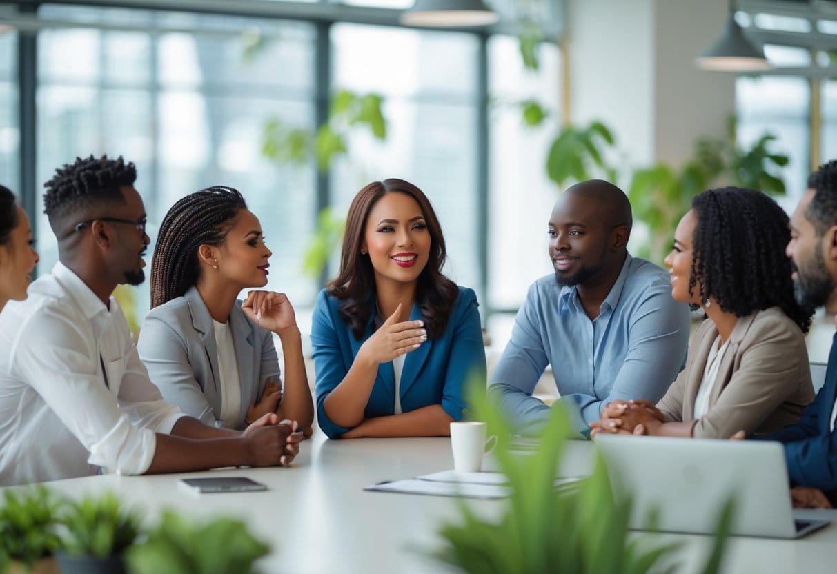 A group of diverse colleagues in an office having an open and sincere conversation, showing attentive and empathetic expressions.