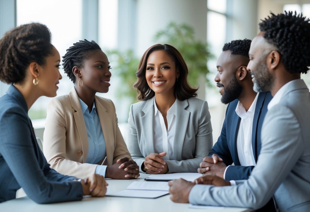 A group of people in an office having an open and supportive conversation, with one woman speaking and others listening attentively.