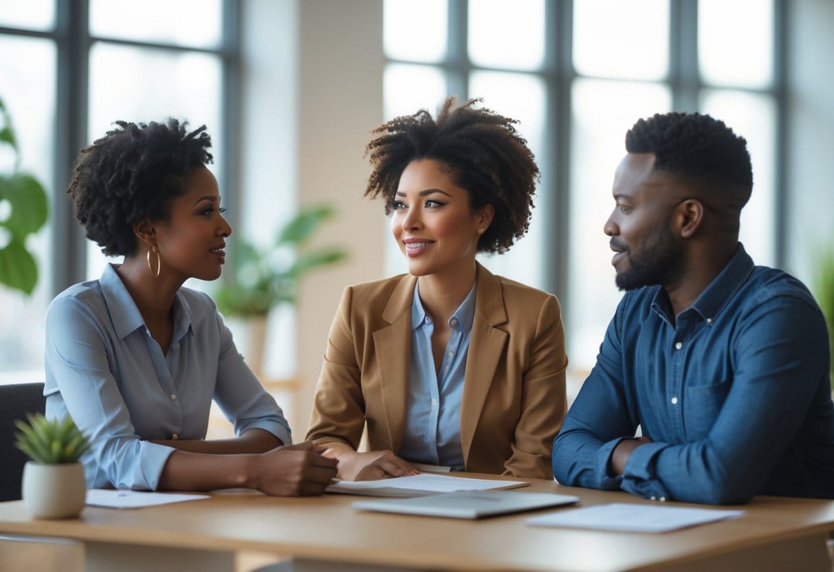 Three adults in an office having an open and sincere conversation, showing empathy and connection.