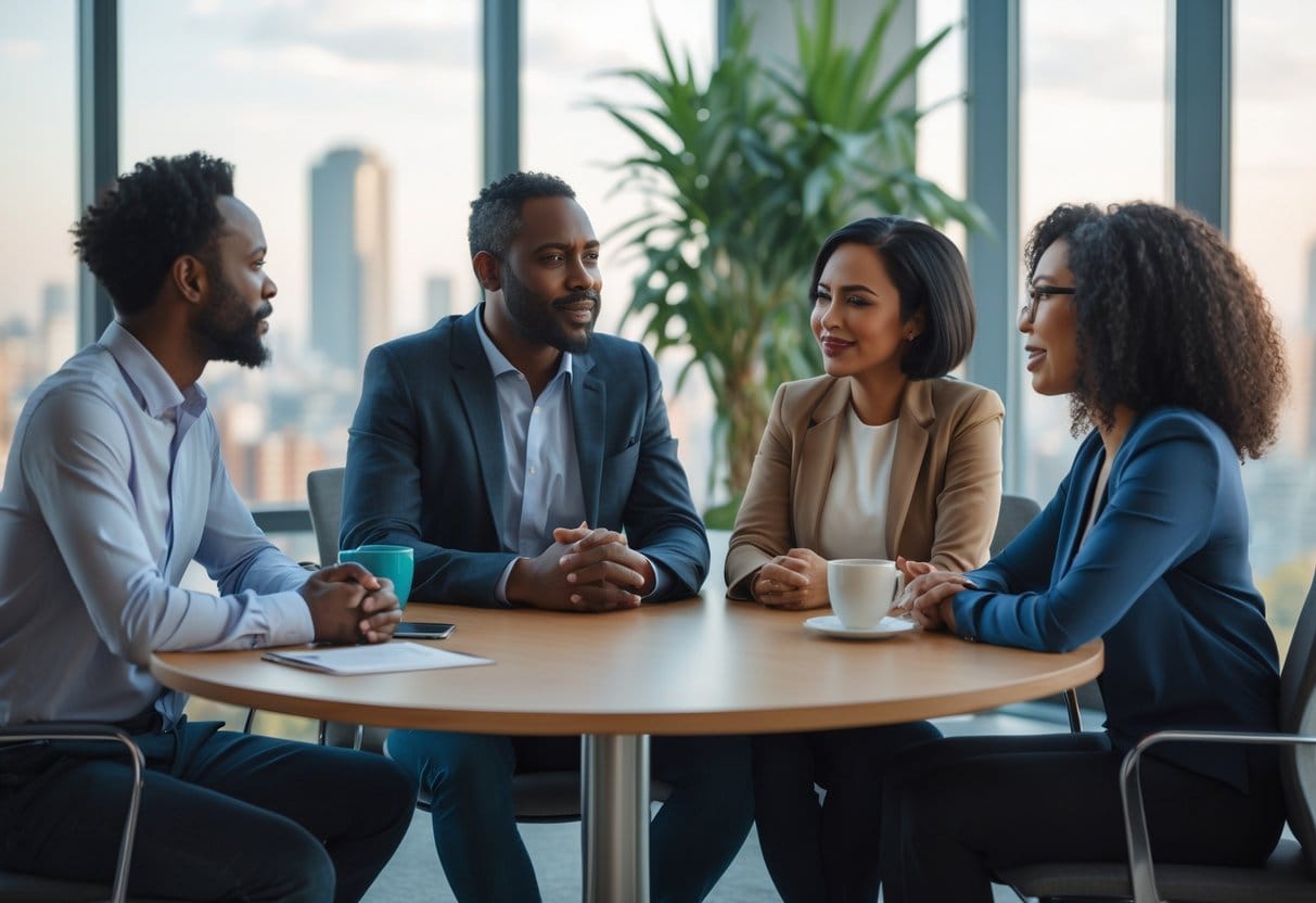 Four adults sitting around a table in an office, engaged in a supportive and attentive conversation.