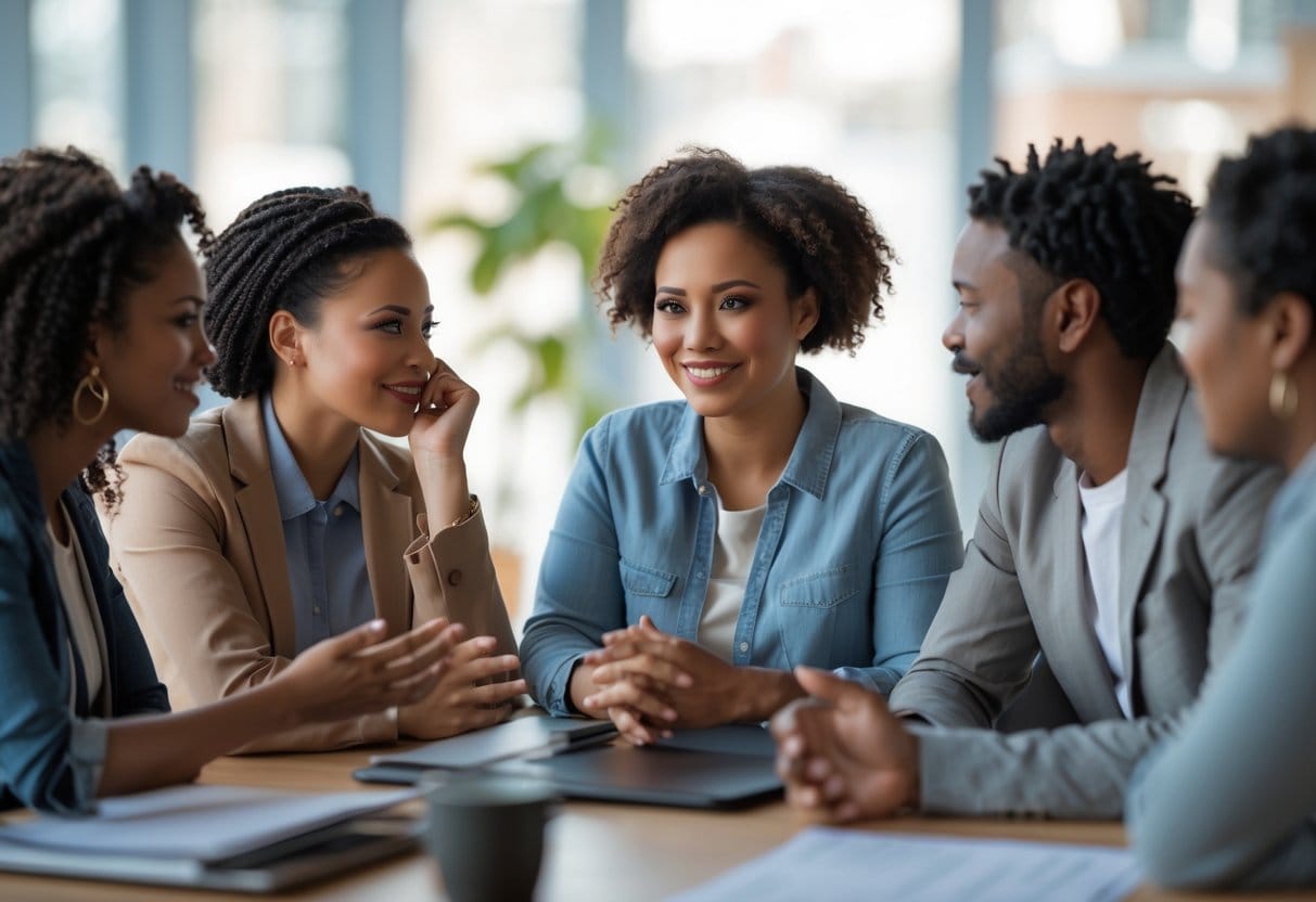 A diverse group of people in an office having a warm, open conversation showing empathy and trust.