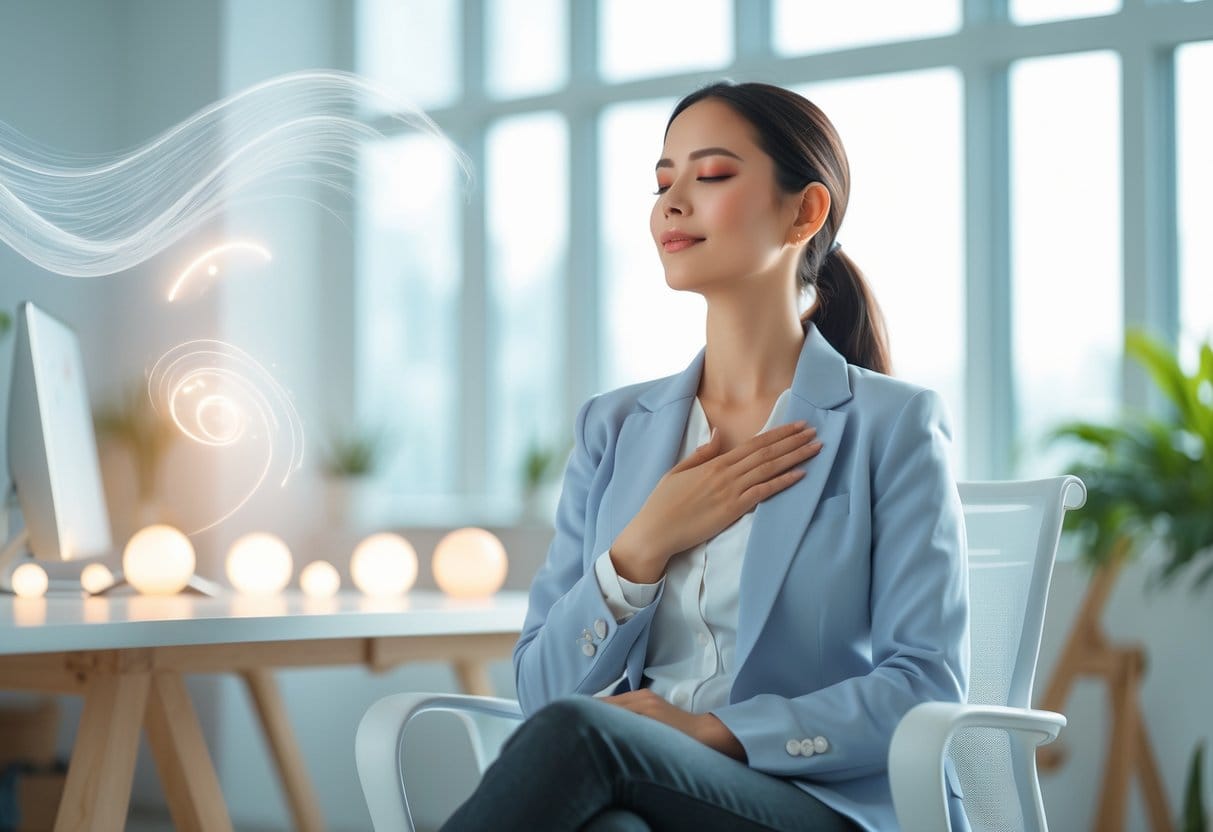 A woman sitting peacefully in a bright office with her eyes closed, appearing calm and reflective.