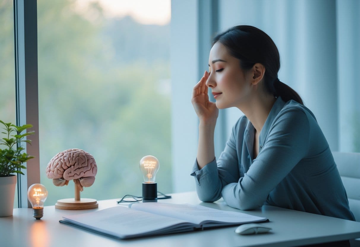A person sitting thoughtfully at a desk by a window with natural light, surrounded by a brain model, notebook, and a glowing light bulb.