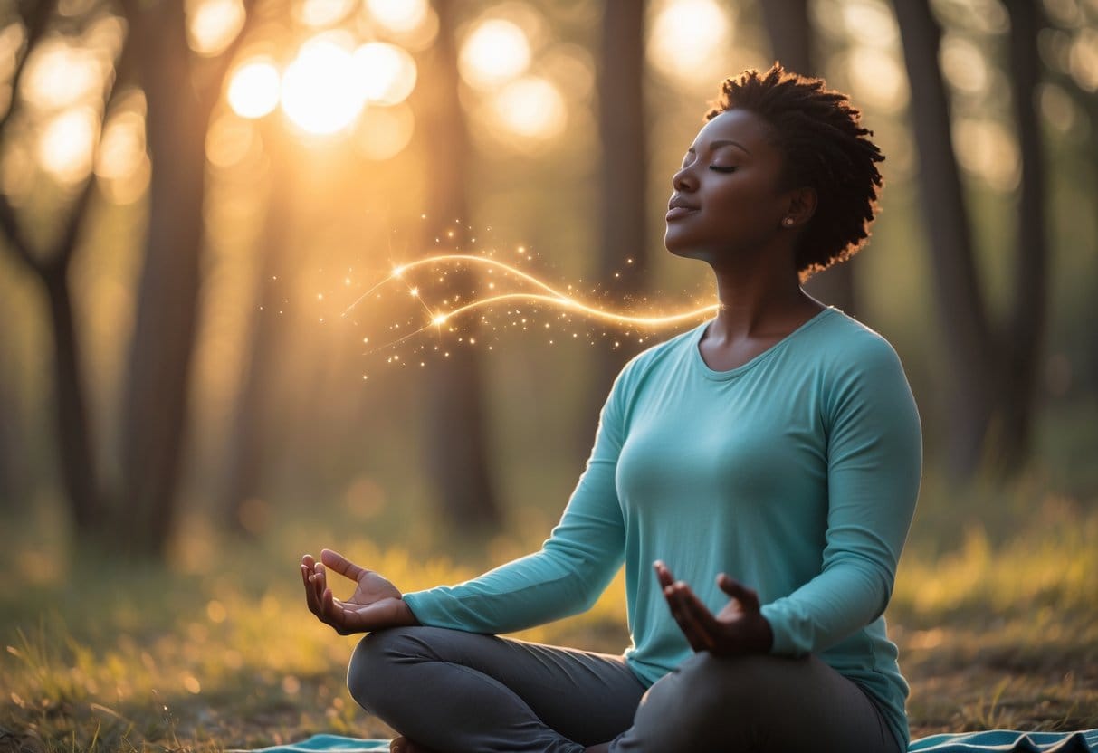 A person sitting outdoors with eyes closed, appearing calm and peaceful, surrounded by soft sunlight filtering through trees.