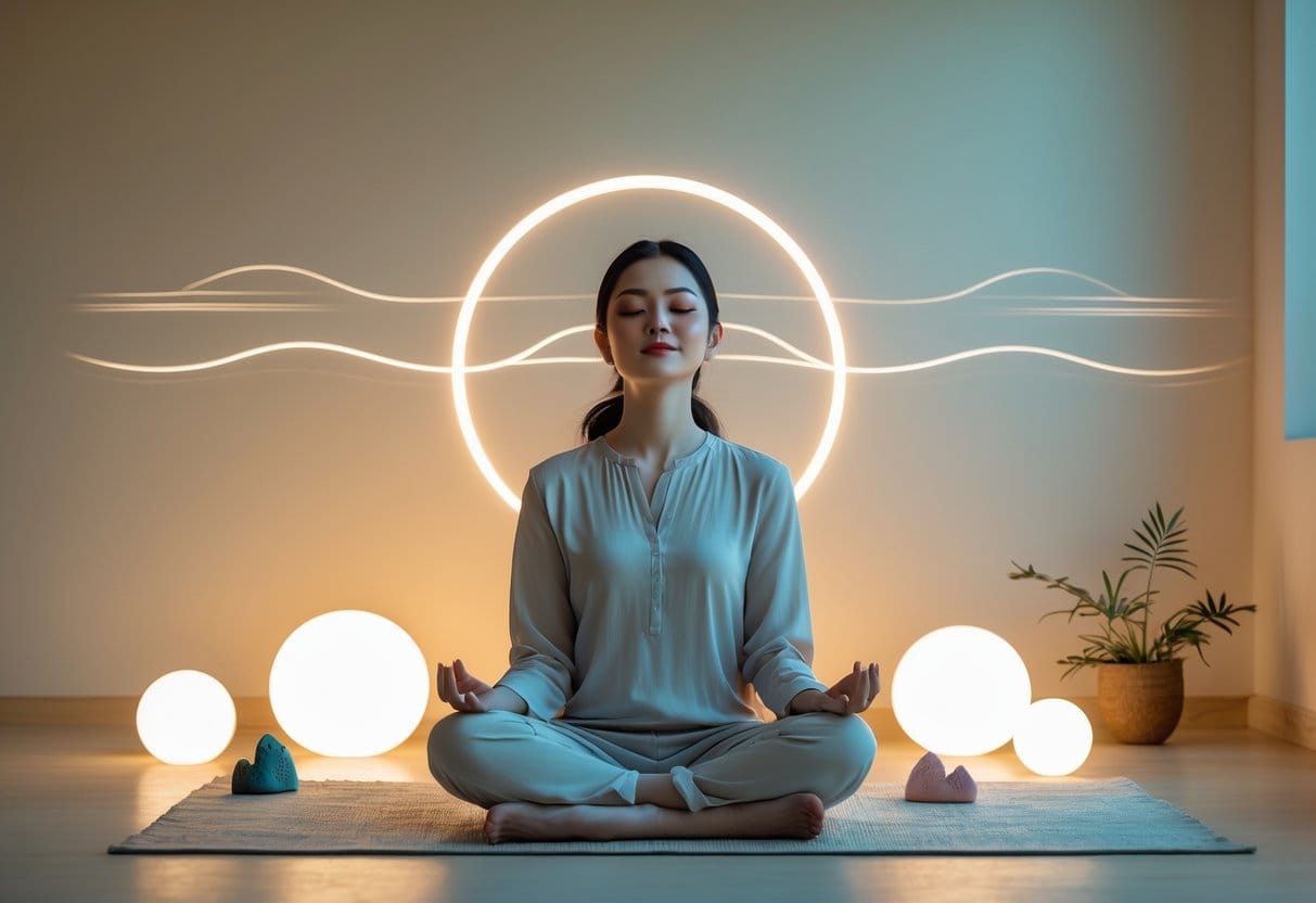 A person sitting cross-legged with eyes closed in a calm room, surrounded by soft glowing lights and natural elements, appearing peaceful and focused.