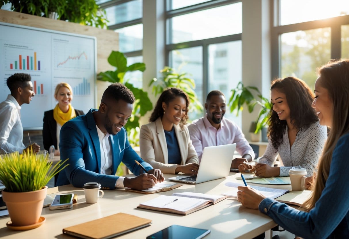 People working together in a bright office space with one person writing in a planner and charts visible on a whiteboard nearby.