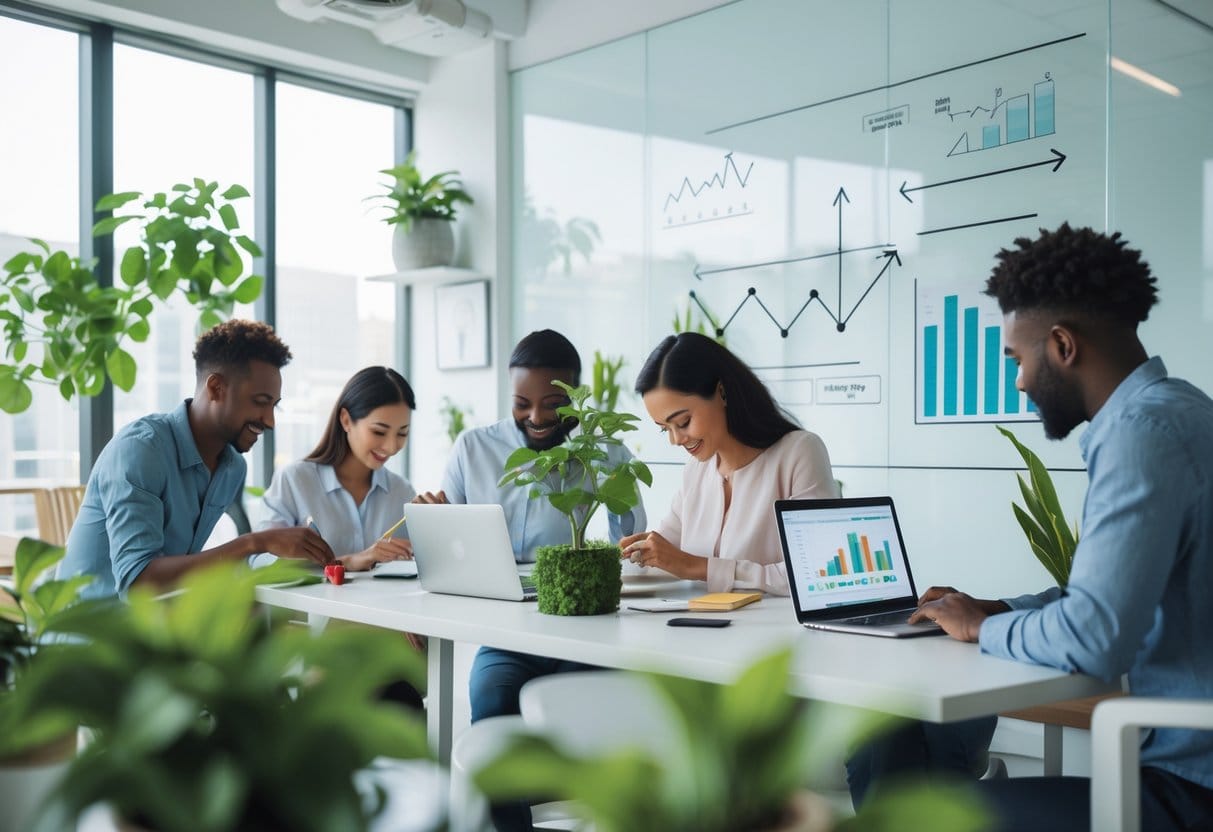 A group of people in a bright office nurturing plants, writing in journals, and working on laptops with charts, symbolizing growth and sustainable habits.