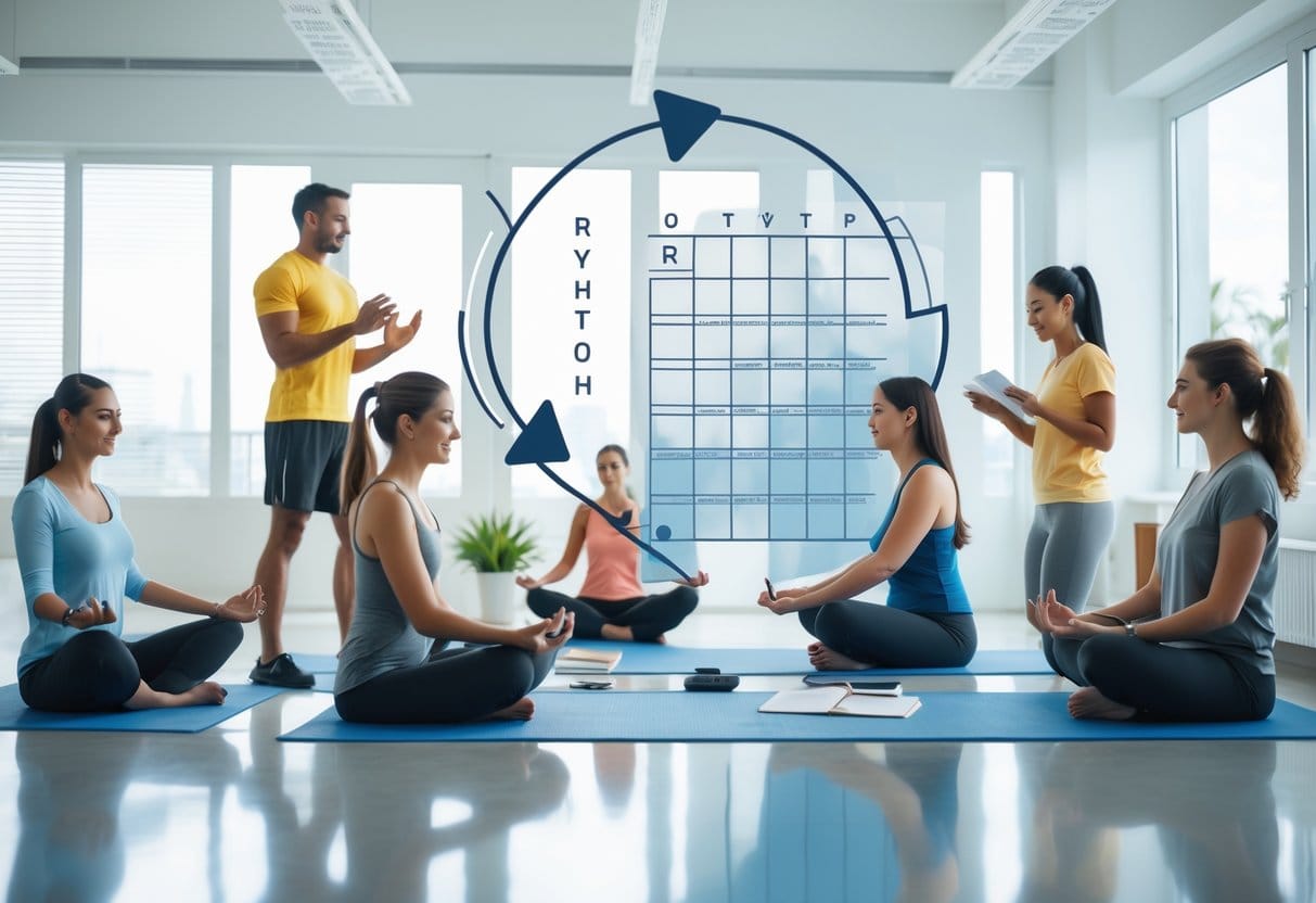 A diverse group of people practicing healthy daily routines like exercising, reading, and meditating in a bright, modern room with natural light and a subtle graphic of interconnected arrows representing habit loops.