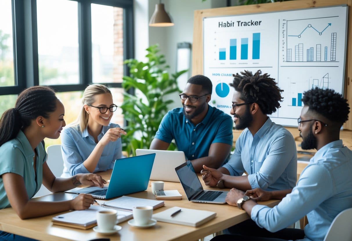 A group of people working together in an office, using notebooks, laptops, and a whiteboard to discuss and track progress on building habits.