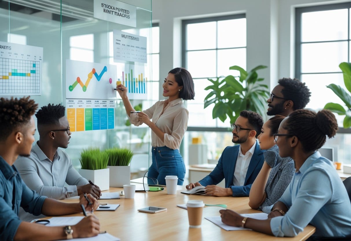 A group of people working together in an office, discussing plans and tracking progress on a glass board with charts and habit trackers.