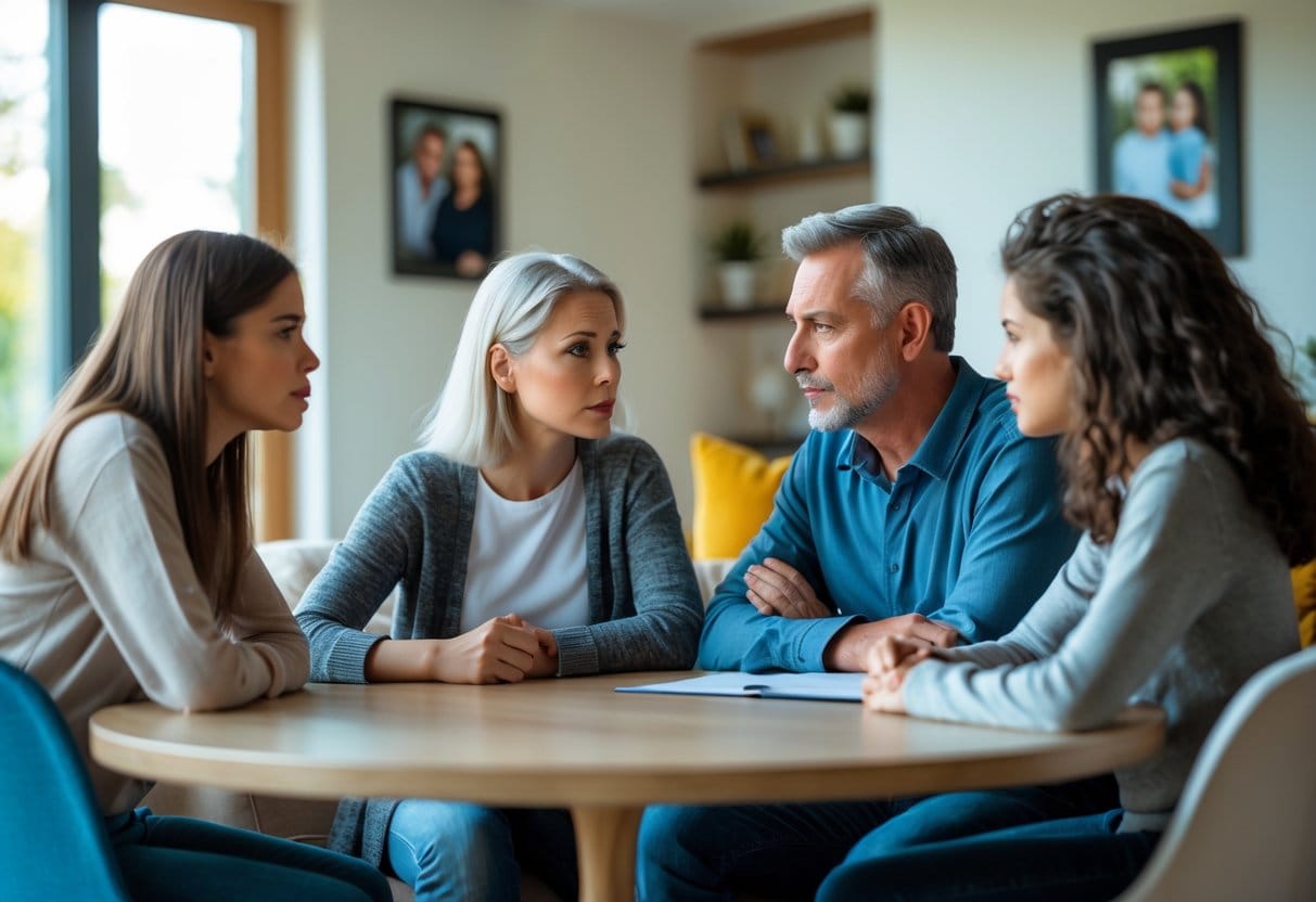 A family of four sitting around a table having a serious conversation in a living room.