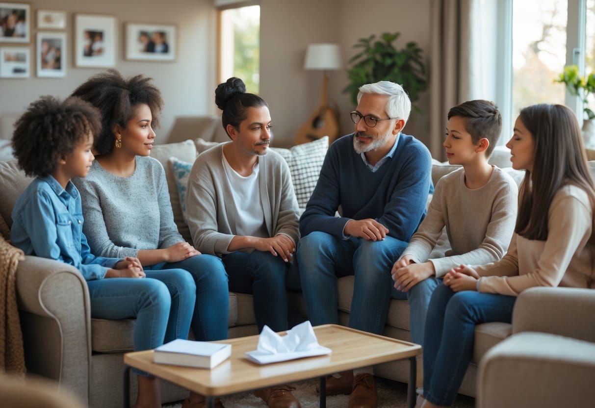 A family of multiple generations sitting together in a living room, having a calm and supportive conversation.