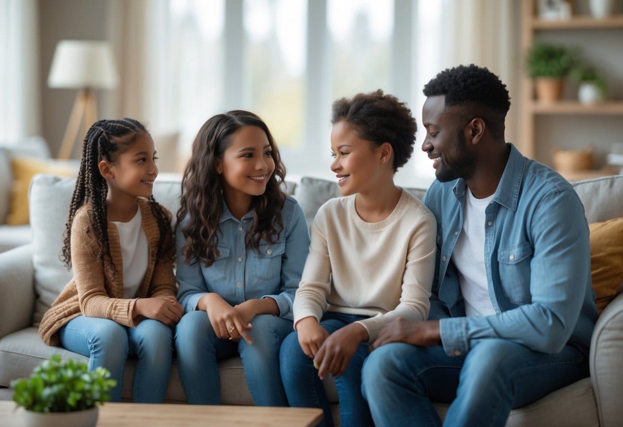 A family of four sitting together in a living room, talking and listening to each other with warm expressions.