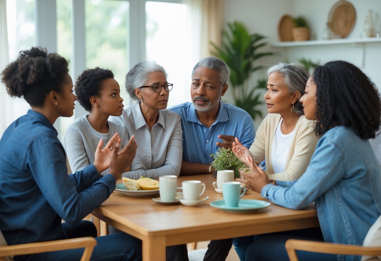 A multigenerational family sitting together in a living room, engaged in a calm and attentive conversation.