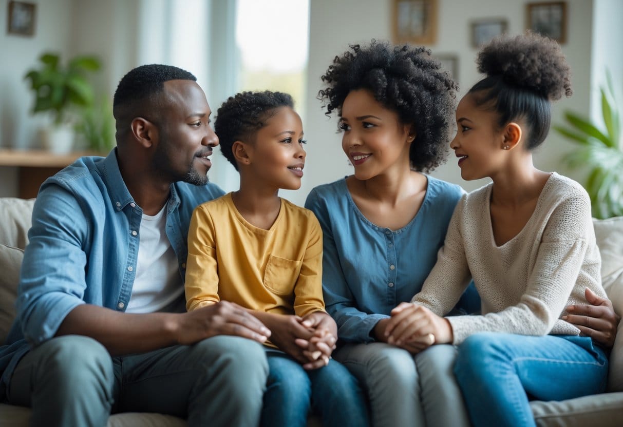 A family of four sitting together on a sofa, engaged in a caring and supportive conversation.
