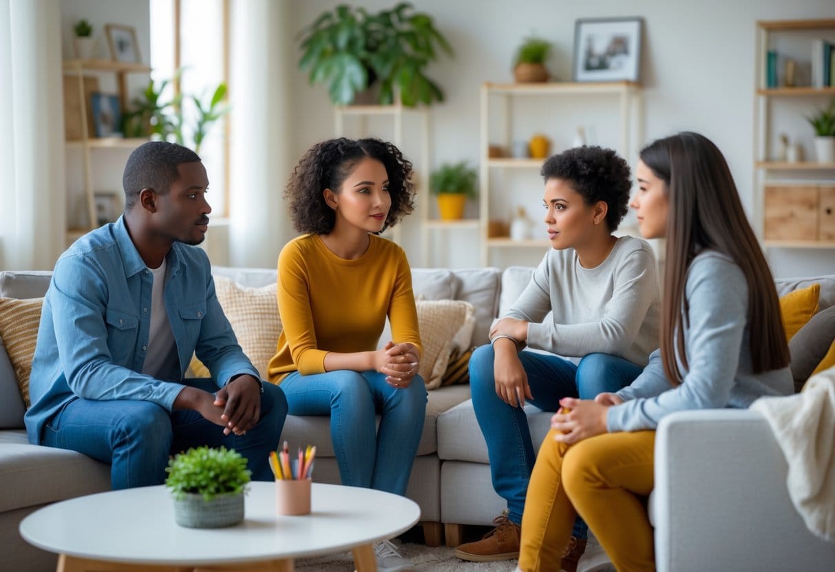 A family of four sitting in a living room having a calm and serious conversation.