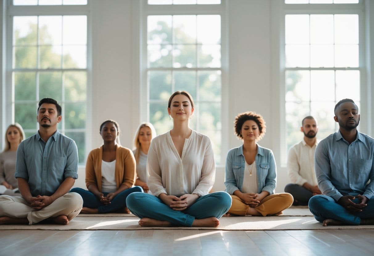 A diverse group of people sitting peacefully in a bright room with large windows, eyes closed or calm, reflecting inner peace and acceptance.