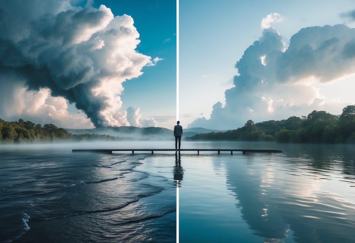 A person standing on a bridge between stormy waters and calm lake under contrasting skies, symbolizing the journey from struggle to peace.