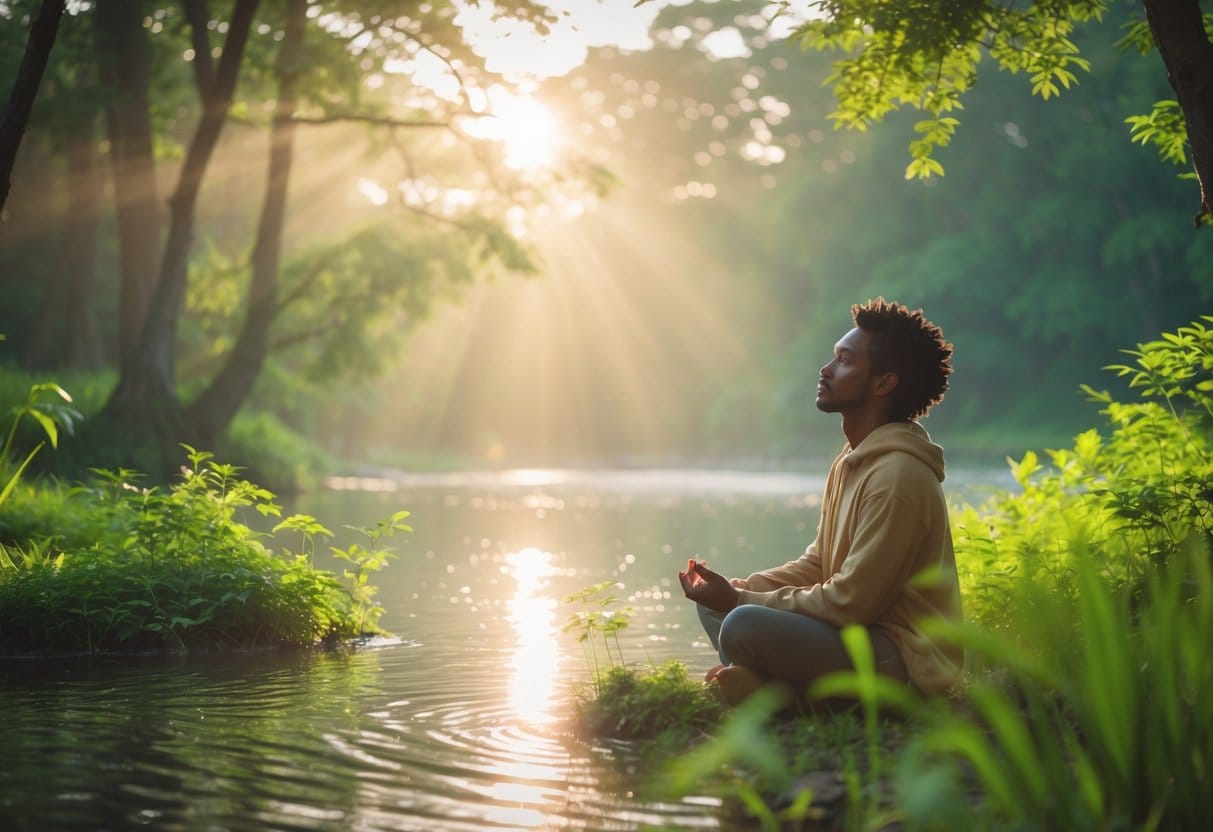 A person sitting peacefully outdoors surrounded by trees and sunlight, looking calm and content.