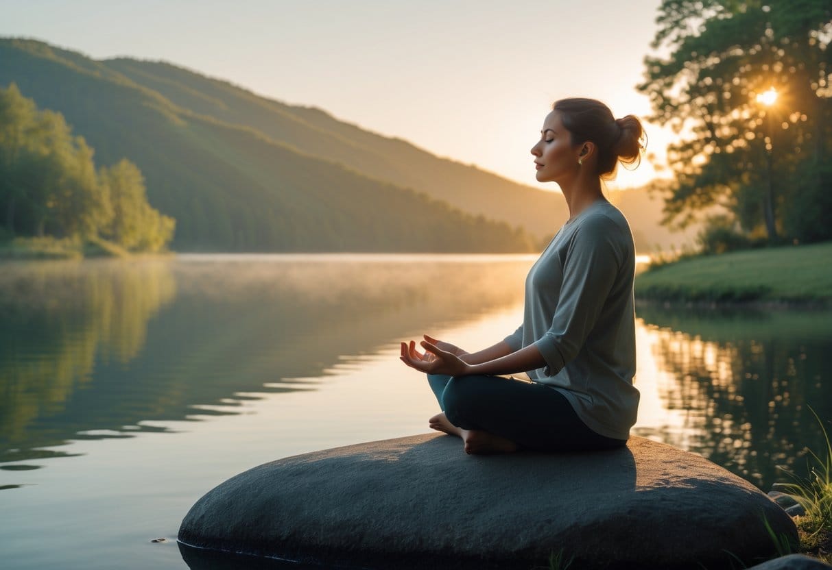 A person meditating peacefully by a calm lake at sunrise surrounded by trees and hills.