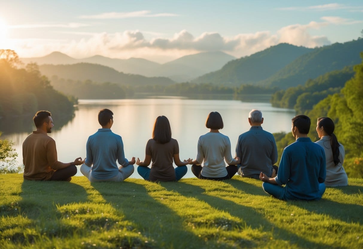 A diverse group of people peacefully enjoying a natural landscape by a lake during sunset, showing calm and content expressions.