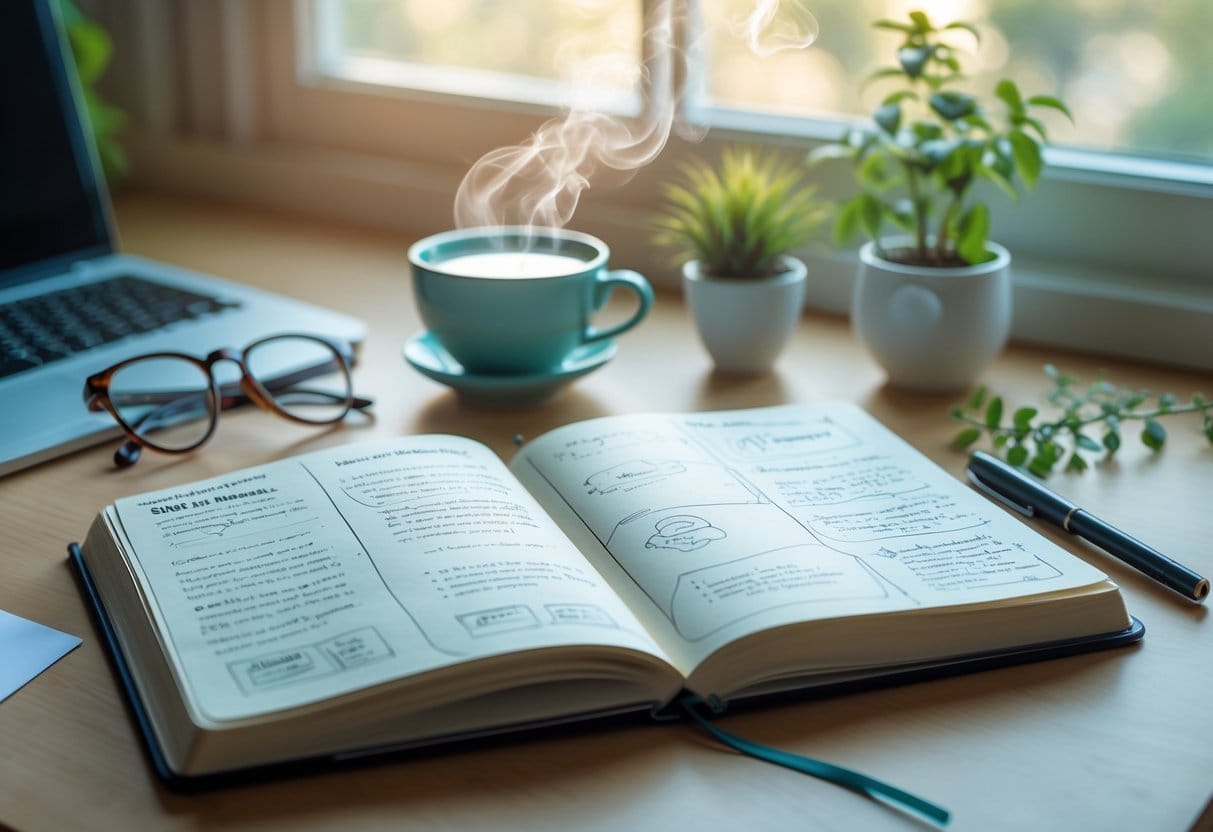 An open journal with handwritten notes on a wooden desk surrounded by glasses, a pen, a small plant, and a cup of tea in soft natural light.