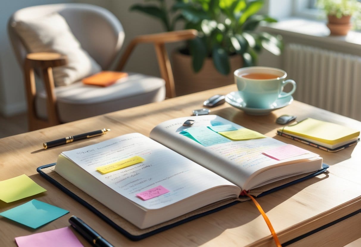 An open journal with handwritten notes on a wooden desk, surrounded by a pen, sticky notes, and a cup of tea in a calm room with a plant and chair.