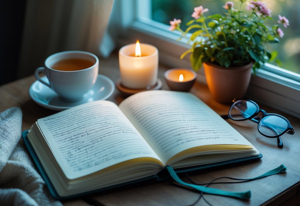 An open journal on a wooden table surrounded by a lit candle, a cup of tea, reading glasses, and a small potted plant near a window with natural light.