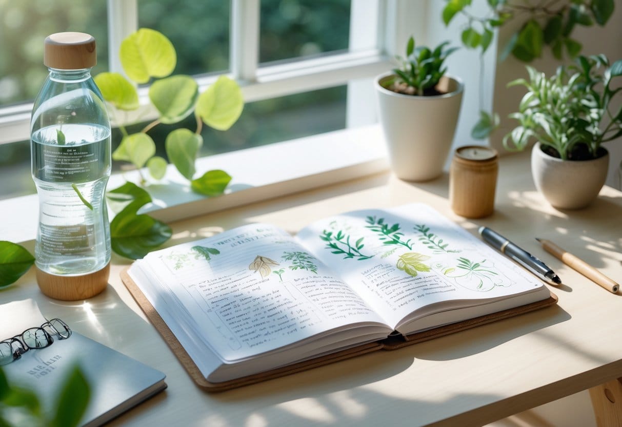 A bright workspace with an open journal, a potted plant, and a reusable water bottle on a wooden desk near a window with natural light.