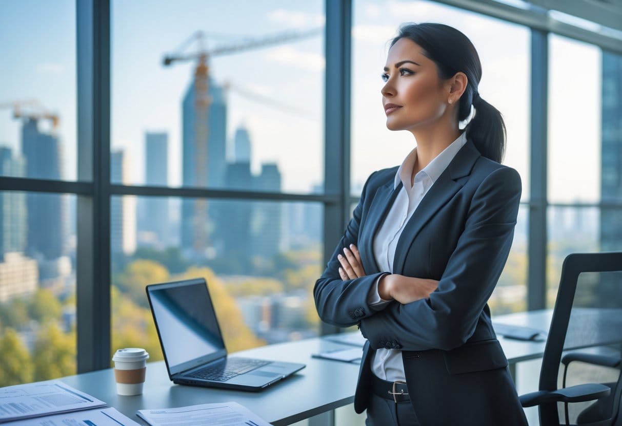 A confident businesswoman standing in a modern office with a city skyline and construction cranes visible through a large window behind her.