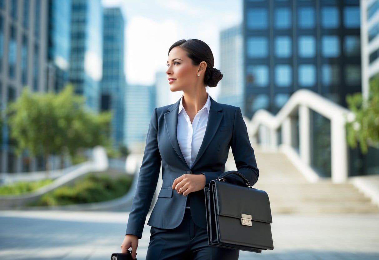 A confident businesswoman standing outdoors in a city, looking thoughtfully into the distance with a briefcase in hand.