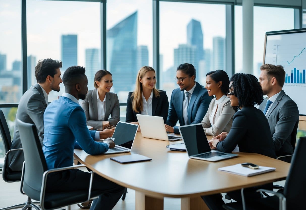 A group of business professionals collaborating around a conference table in a modern office with city views.