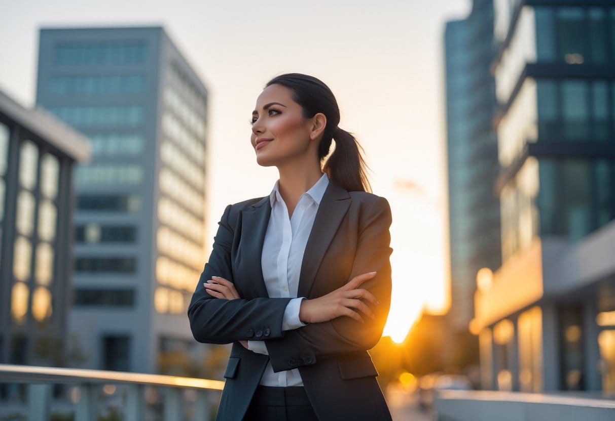 A confident businesswoman standing outdoors in a city at sunrise, looking thoughtfully into the distance.