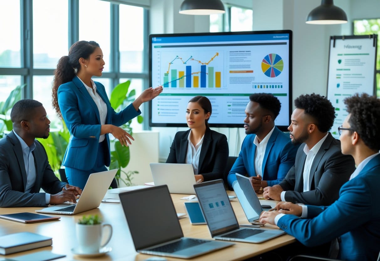 A group of business professionals collaborating in a modern office, with one person presenting information on a digital screen while others listen attentively around a conference table.