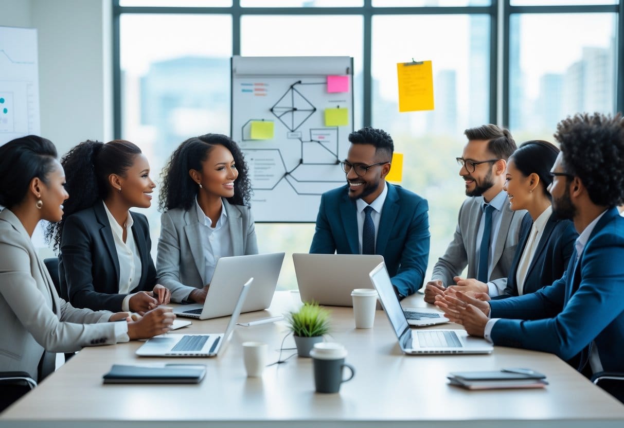 A diverse group of business professionals collaborating around a conference table in a bright office, engaged in discussion and teamwork.