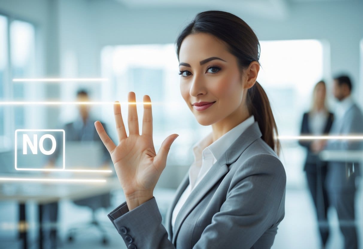 A confident businesswoman in an office calmly raising her hand to signal a polite stop while colleagues talk in the background.