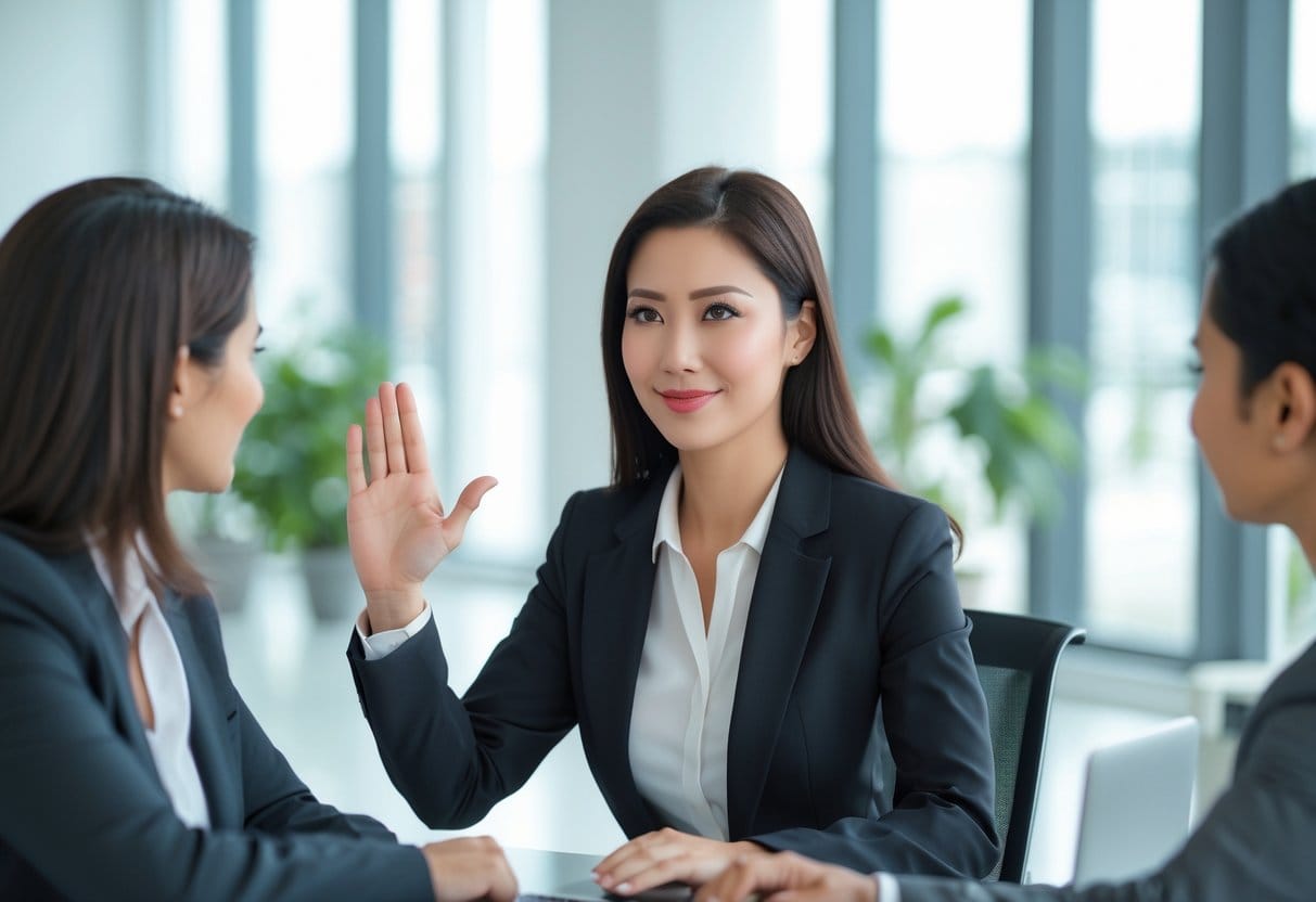 A businesswoman politely declining while talking to a colleague in a bright office.
