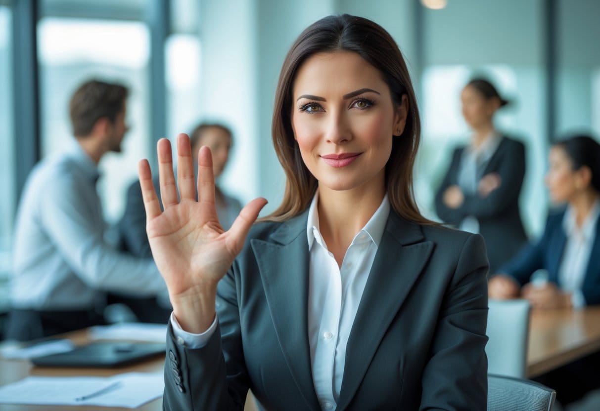 A businesswoman in an office holding up her hand in a gentle stop gesture while colleagues work in the background.
