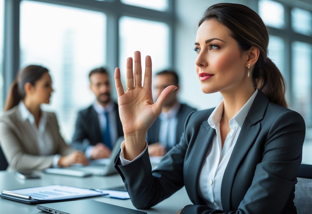 A confident businesswoman in an office calmly gesturing to say no while colleagues listen attentively in the background.