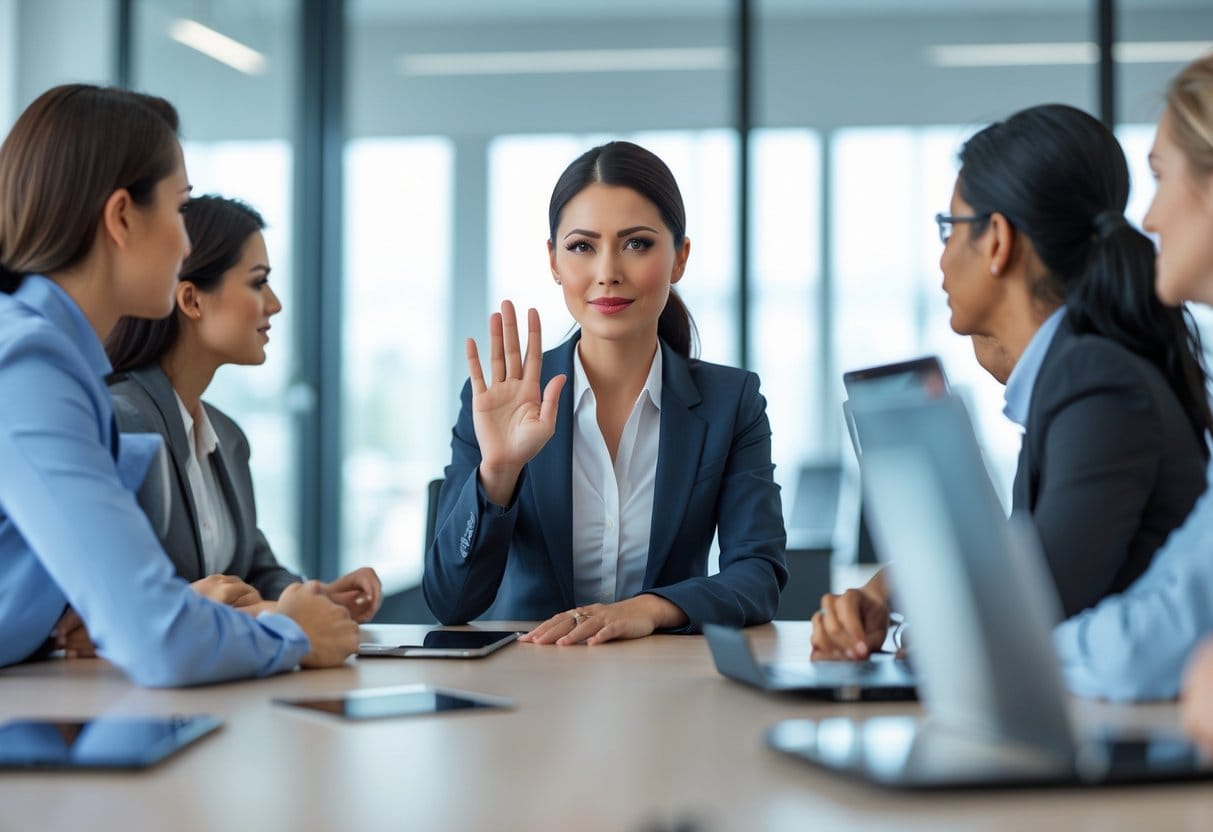 A confident businesswoman in a meeting calmly gesturing to say no while colleagues listen attentively in a modern office.
