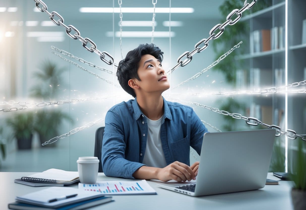 A person sitting at a desk in an office, looking thoughtful with symbolic glass barriers and light representing overcoming mental obstacles.